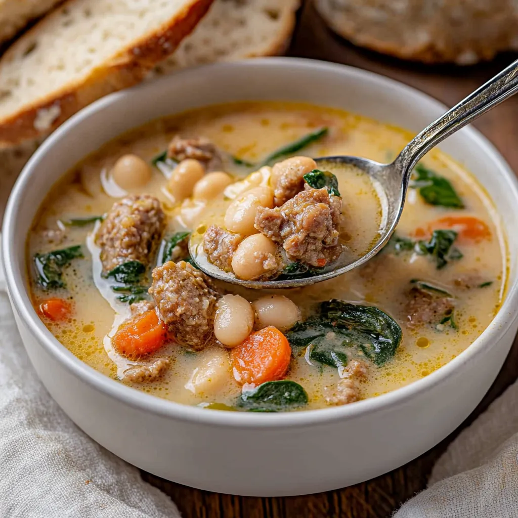 Un bol de soupe avec une cuillère dedans.