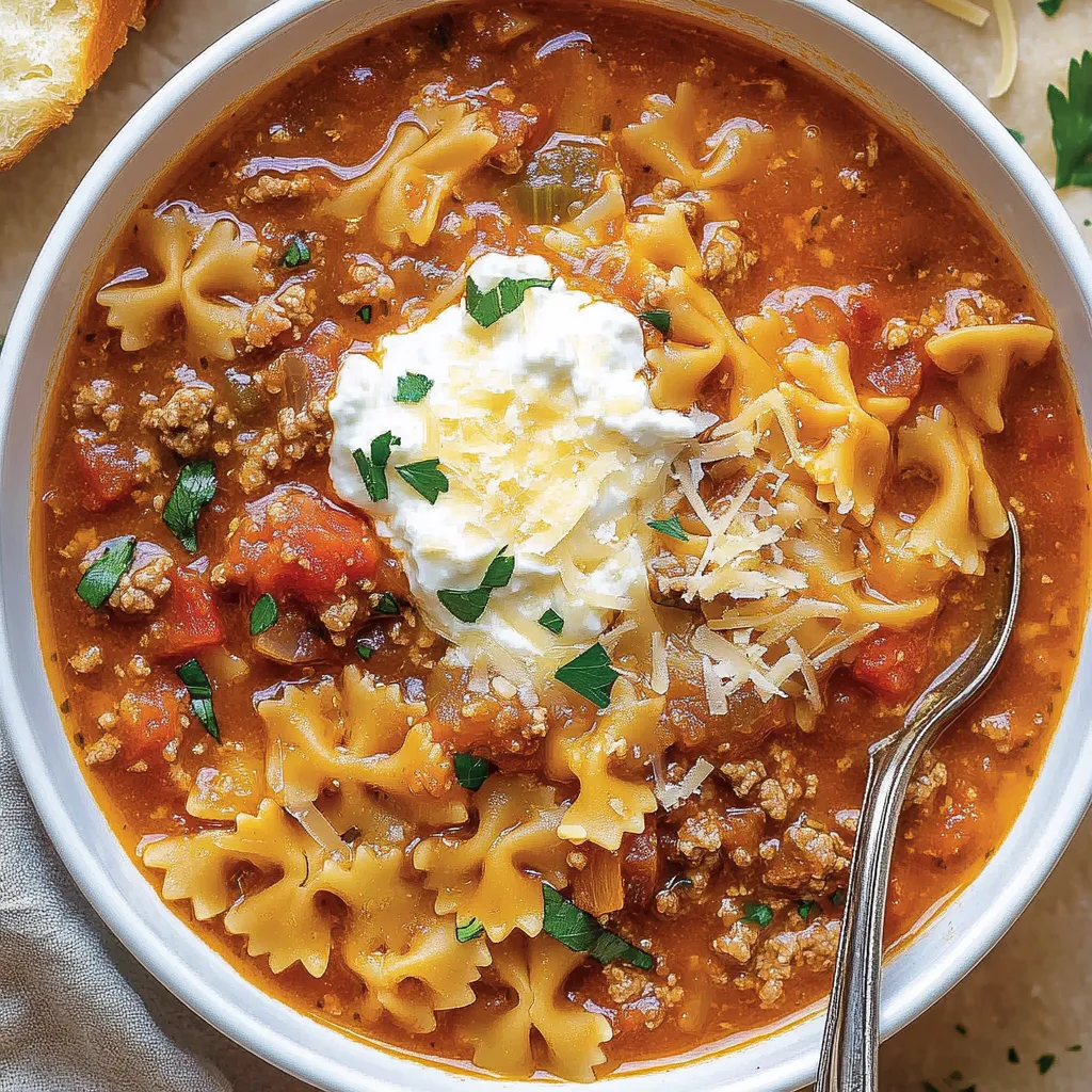 Un bol de soupe avec des nouilles et de la viande.
