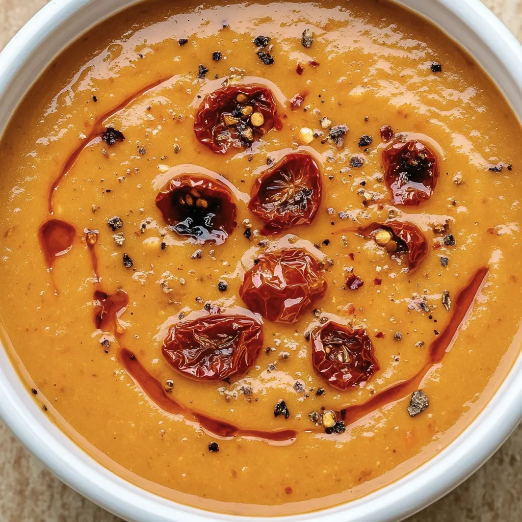Un bol de soupe avec des tomates dedans.