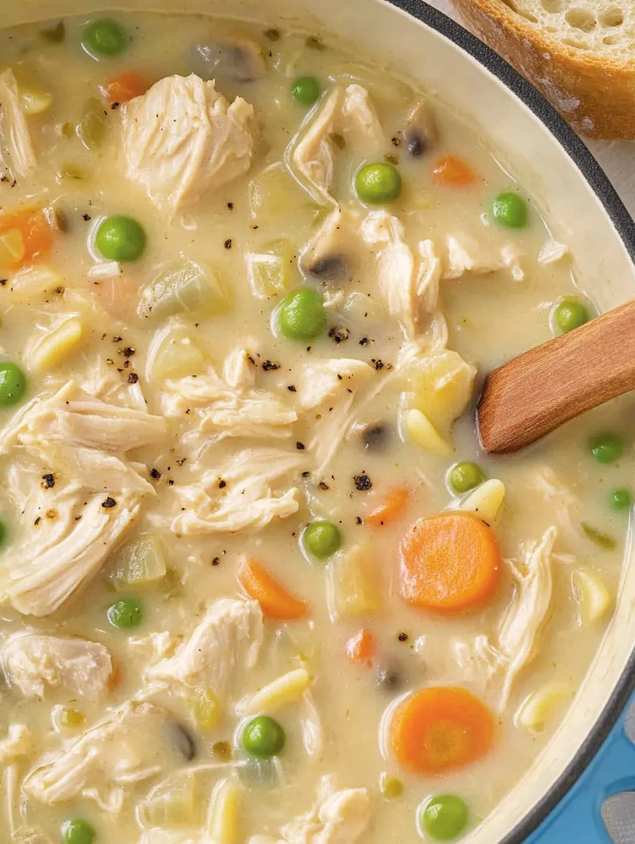 Un bol de soupe avec du poulet et des petits pois.