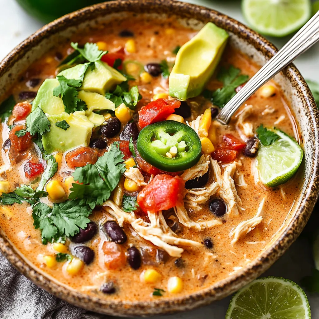Un bol de soupe avec poulet, avocat, tomates et citron vert.