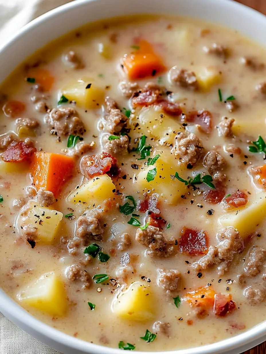 Un bol de soupe avec viande et légumes.