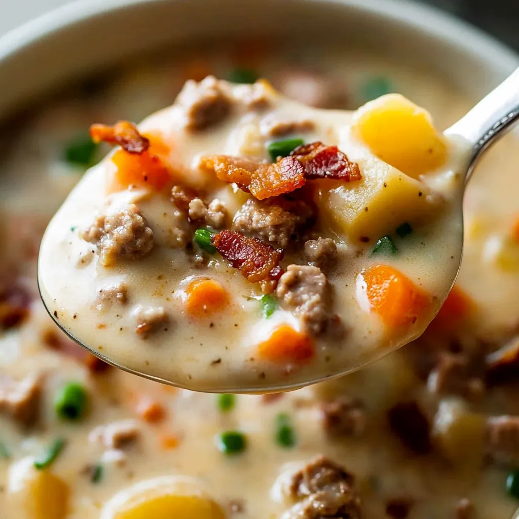 Une cuillère dans un bol de soupe.