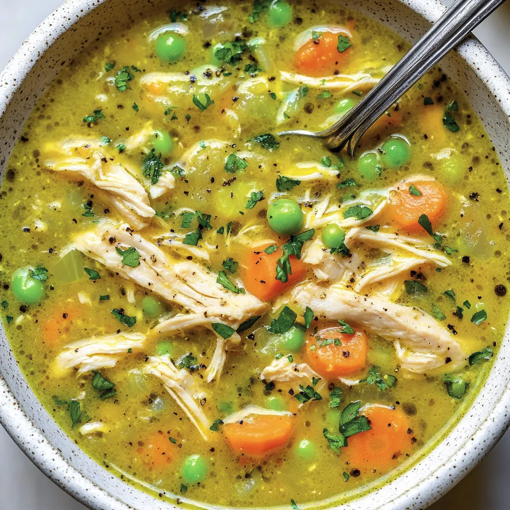 Un bol de soupe avec du poulet et des petits pois.