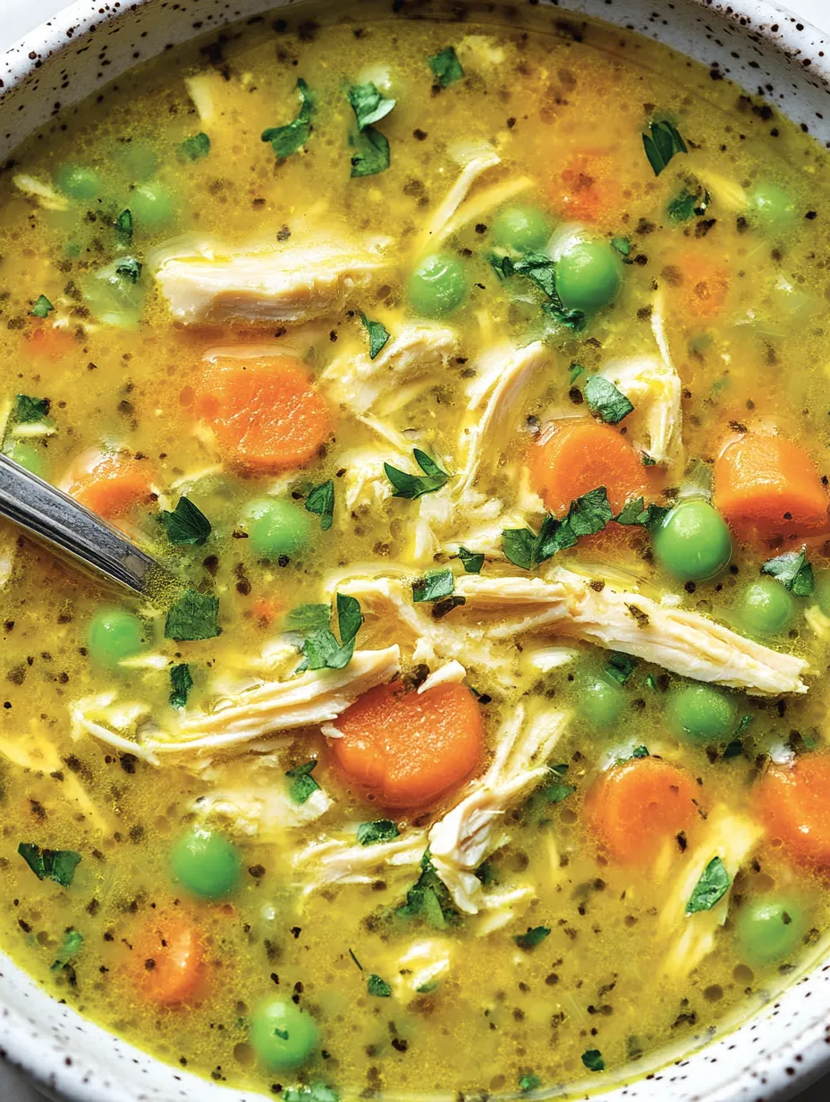 Un bol de soupe avec du poulet et des petits pois.