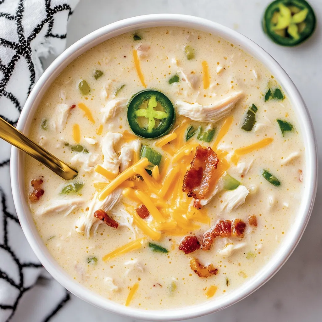 Un bol de soupe au poulet avec fromage et jalapenos.