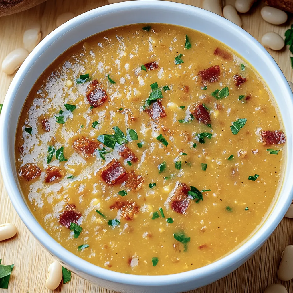 Un bol de soupe avec lardons et herbes.