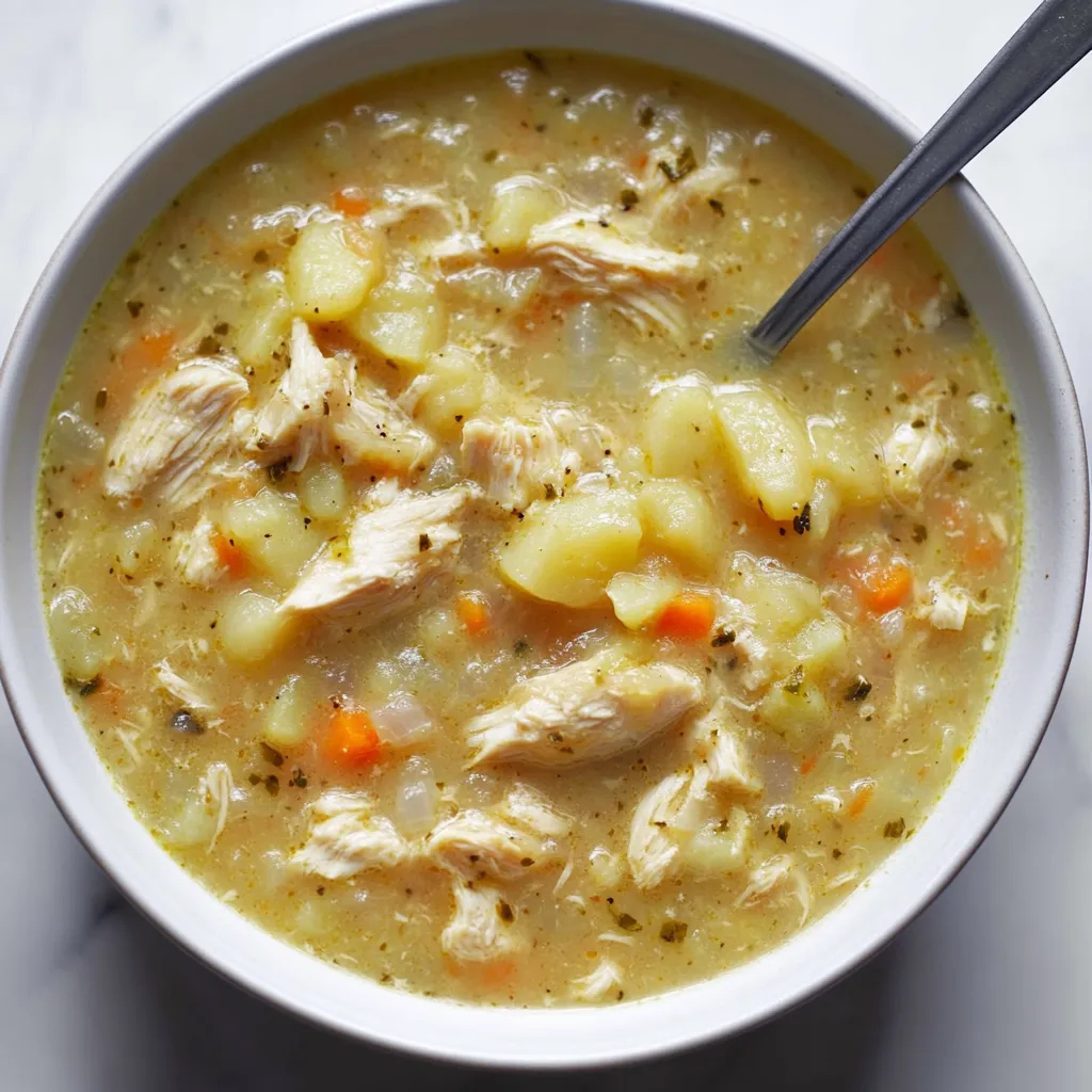Un bol de soupe avec du poulet et des carottes.