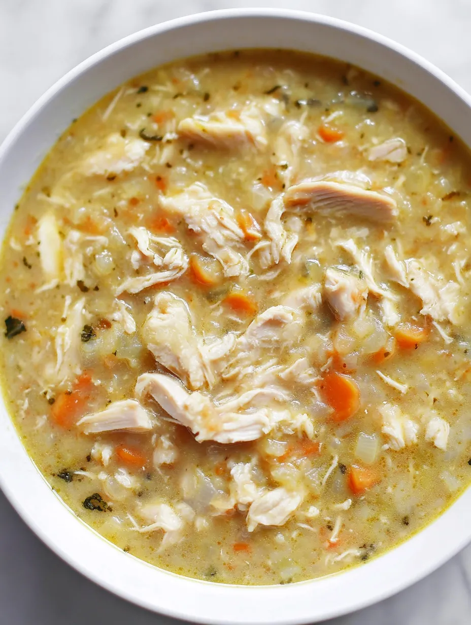 Un bol de soupe avec du poulet et des carottes.