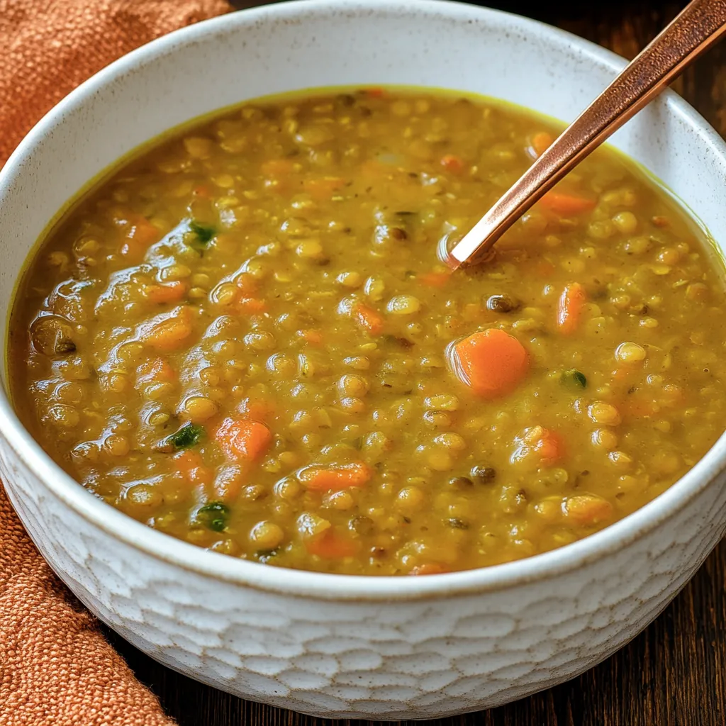 Un bol de soupe avec une cuillère dedans.