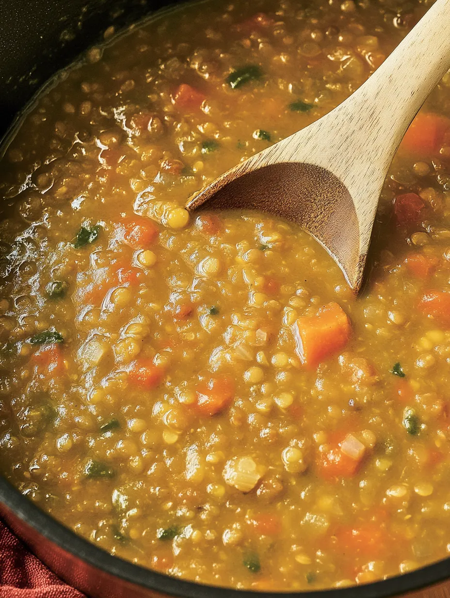 Une cuillère en bois dans un bol de soupe.
