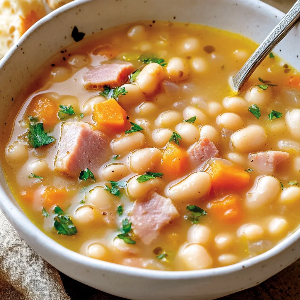 Un bol de soupe avec de la viande et des haricots.