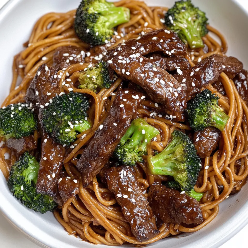 Un bol de nouilles avec viande et brocoli.