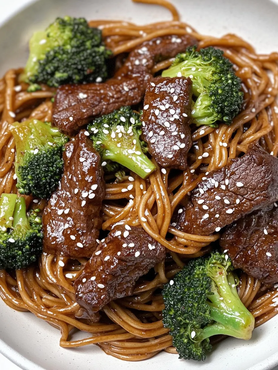 Une assiette de nouilles avec viande et brocoli.