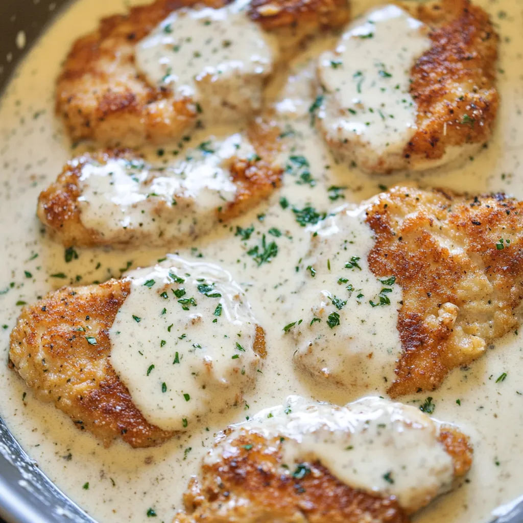 Poulet avec sauce et herbes.