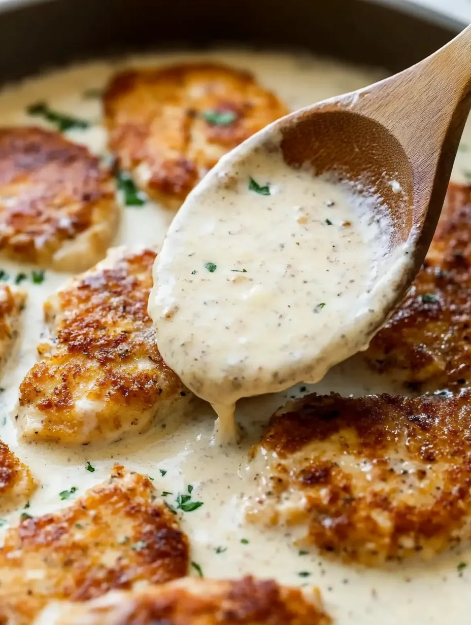 Une cuillère en bois plongeant dans un bol de poulet et sauce crémeuse.