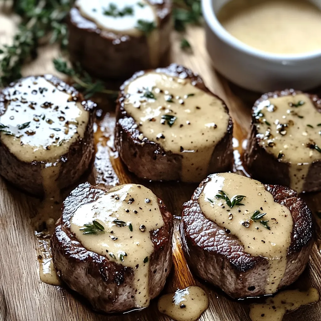 Steak avec sauce sur une table en bois.