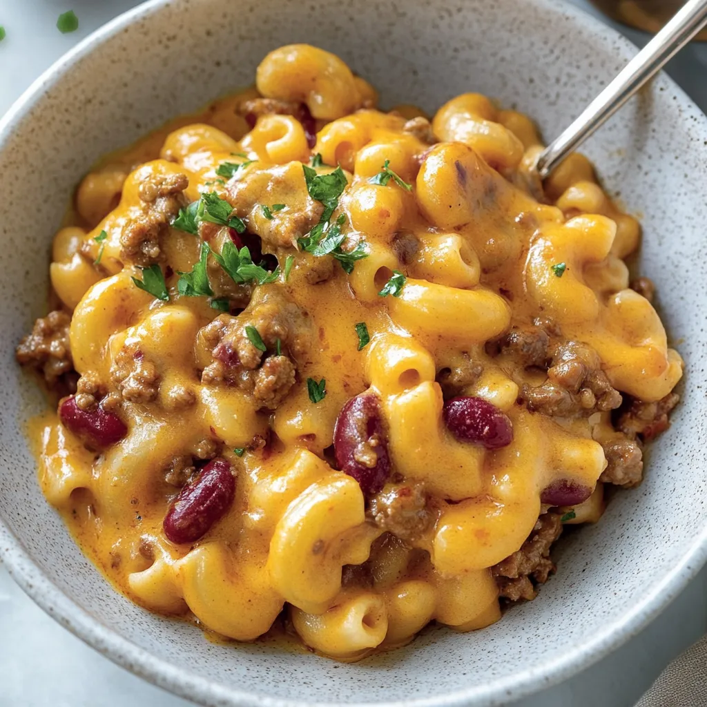 Un bol de macaronis au fromage avec de la viande.