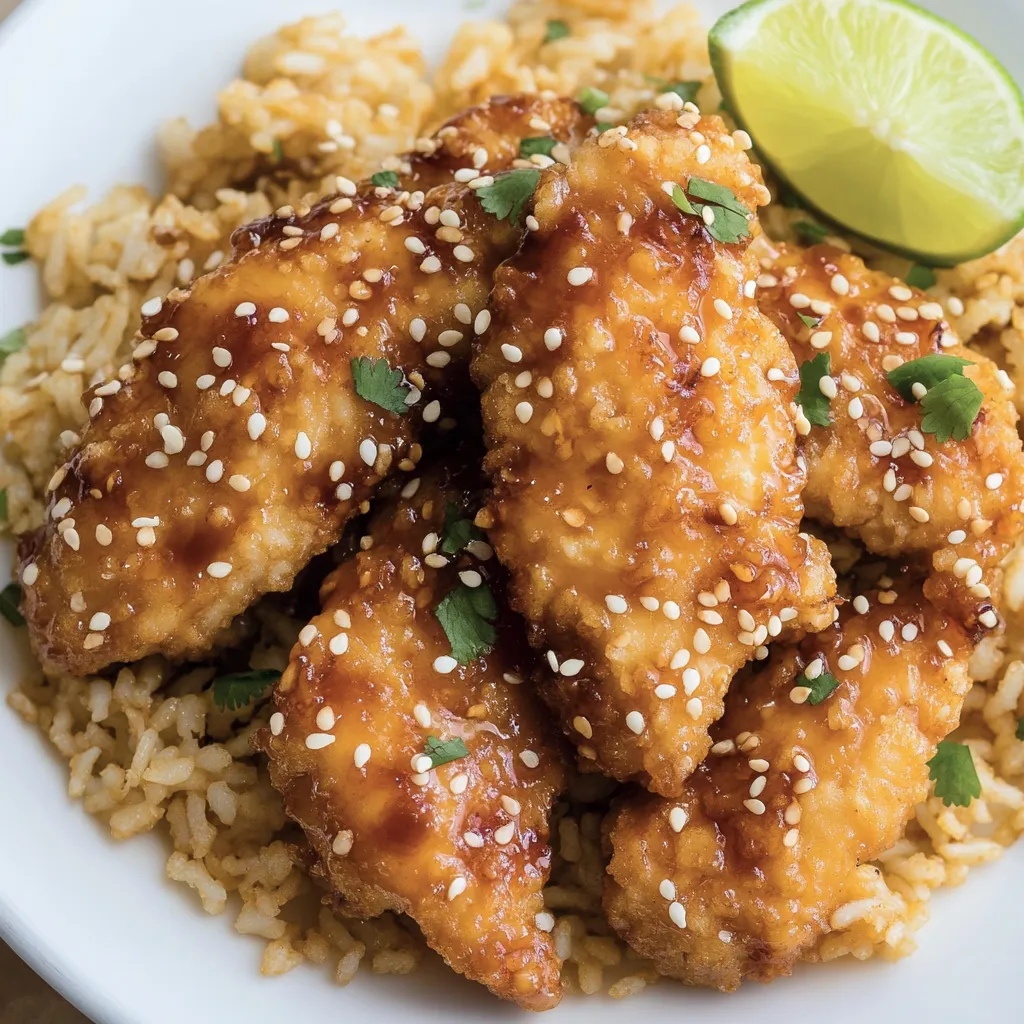 Une assiette de poulet avec du riz et un quartier de citron vert.