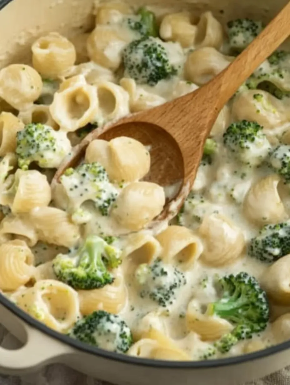 Une cuillère en bois dans un bol de pâtes avec brocoli.