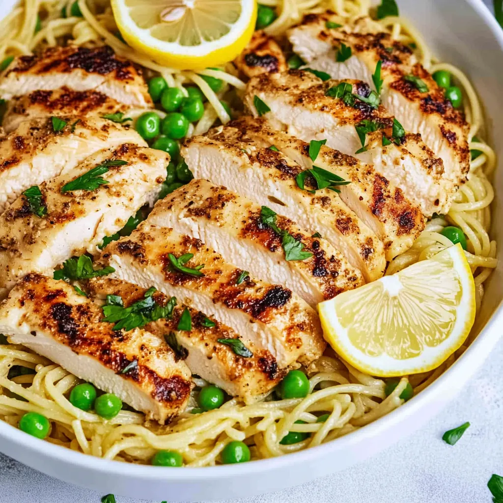 Un bol de poulet et nouilles avec un quartier de citron par-dessus.
