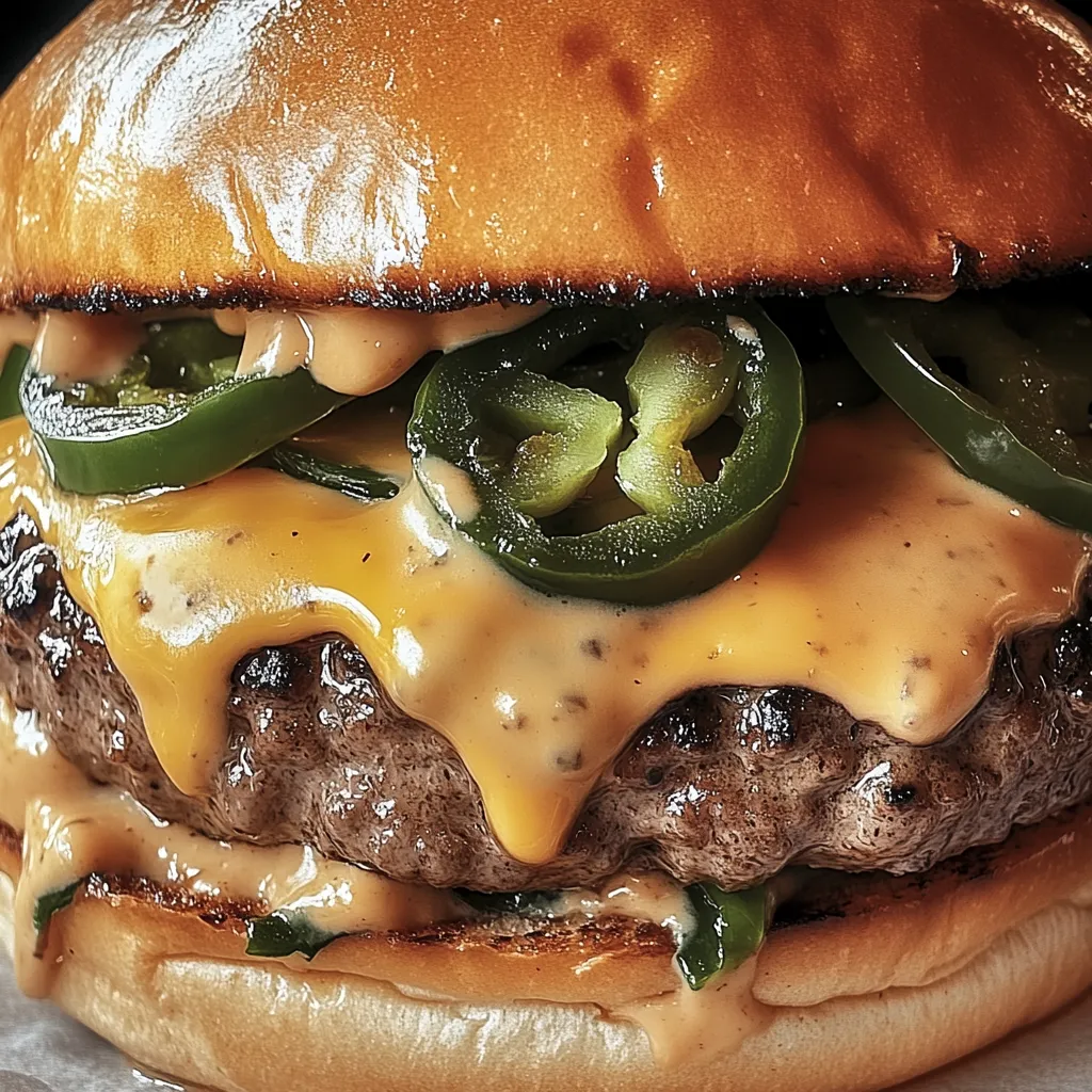 Un burger avec jalapeños et fromage.