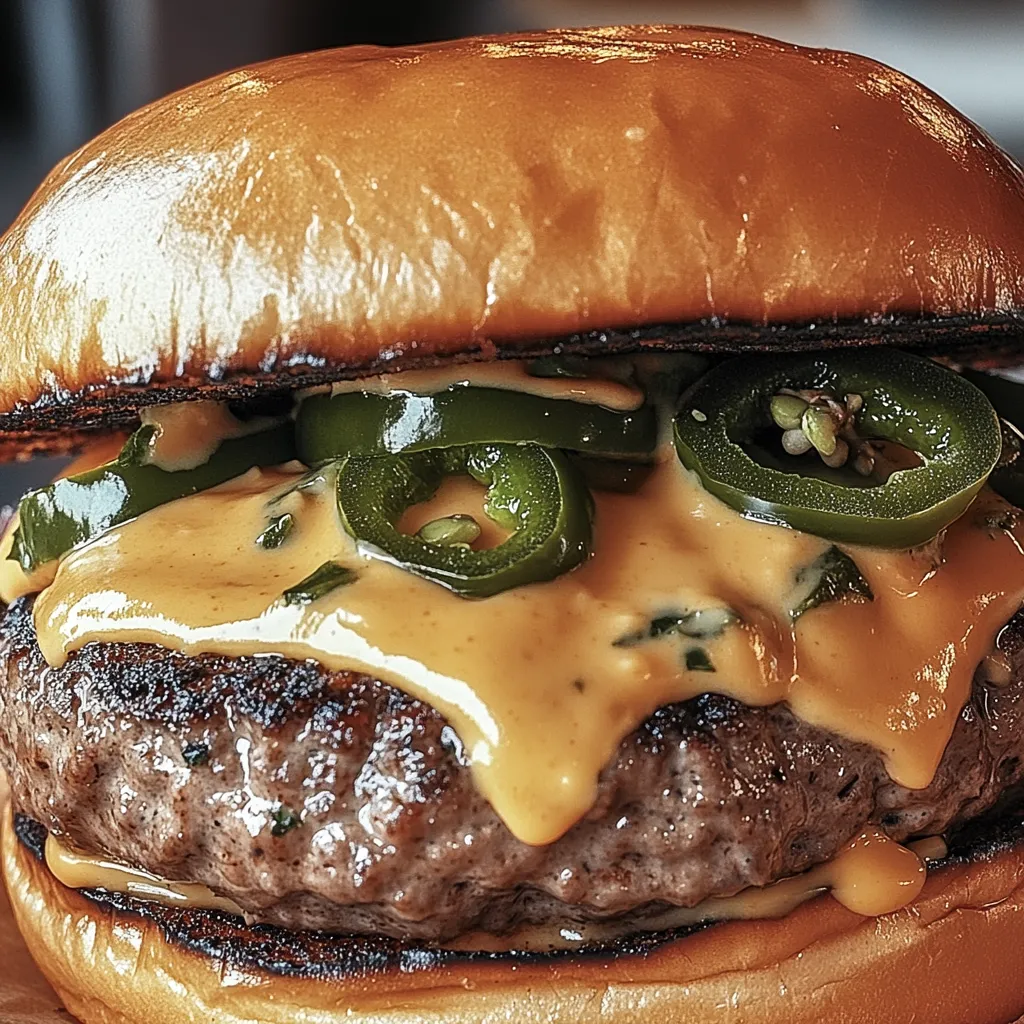 Un gros plan d'un burger avec jalapeños et fromage.