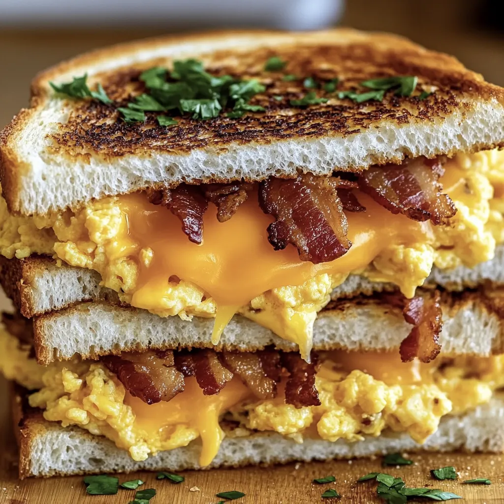 Un empilement de sandwichs au bacon et aux œufs.