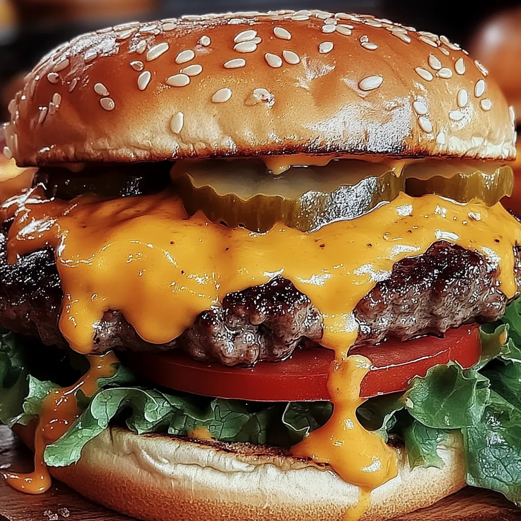 Un gros plan d'un cheeseburger avec des cornichons et de la laitue.
