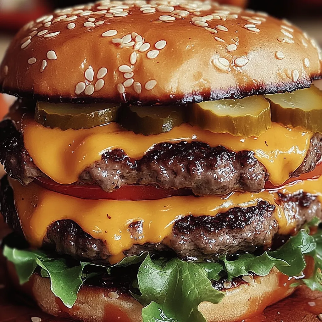 Un gros plan d'un hamburger avec de la laitue et des cornichons.