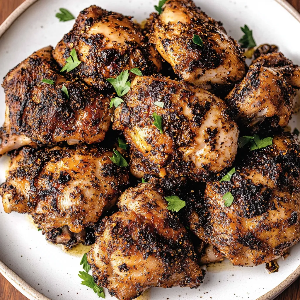 Poulet avec assaisonnement noir sur une assiette.