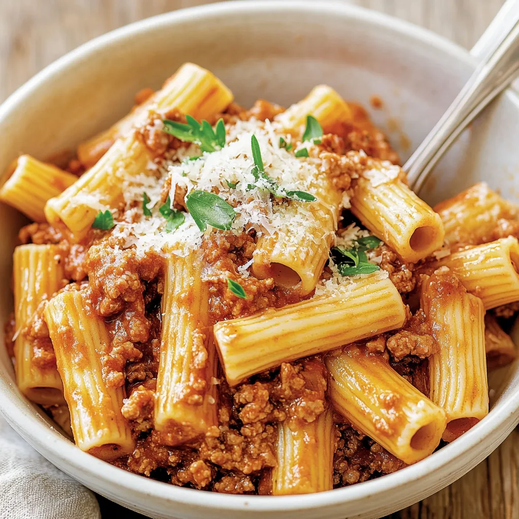 Un bol de pâtes avec sauce à la viande.
