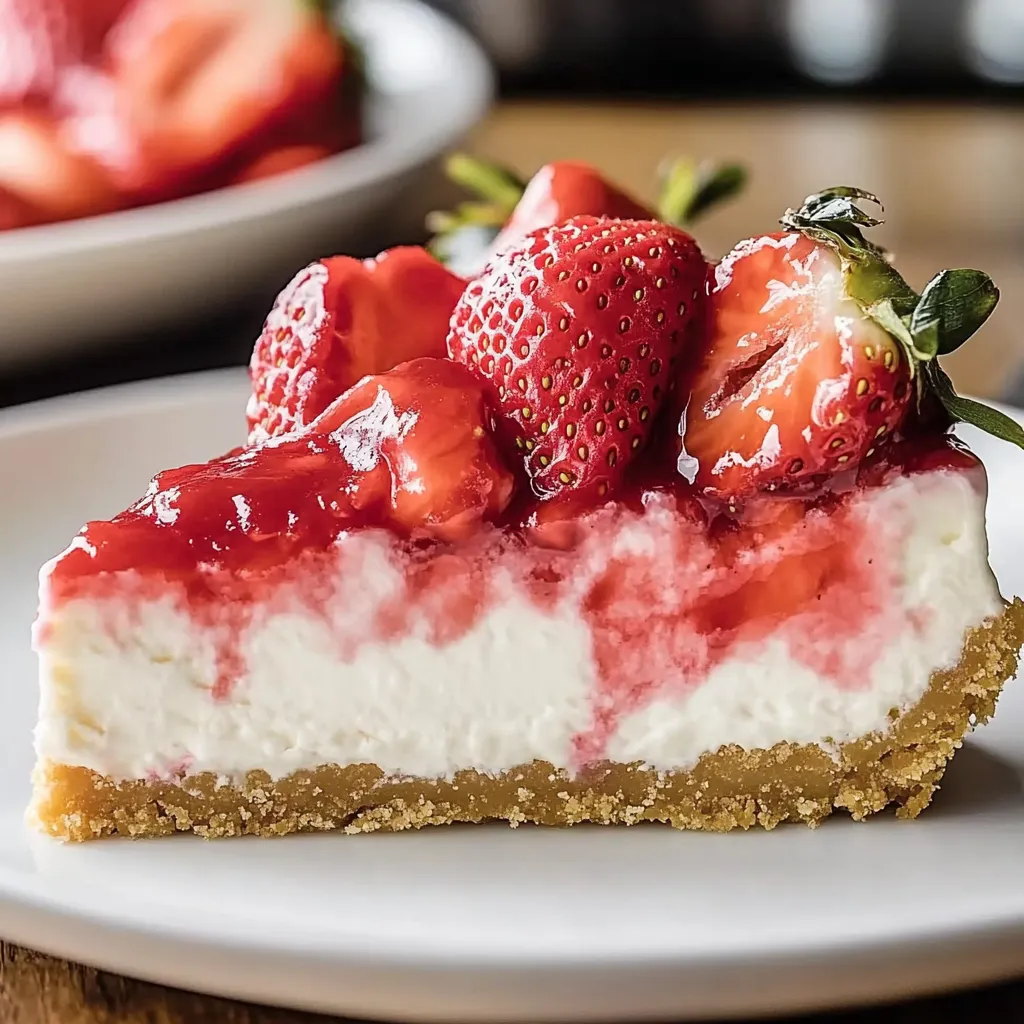 Une part de cheesecake avec des fraises par-dessus.