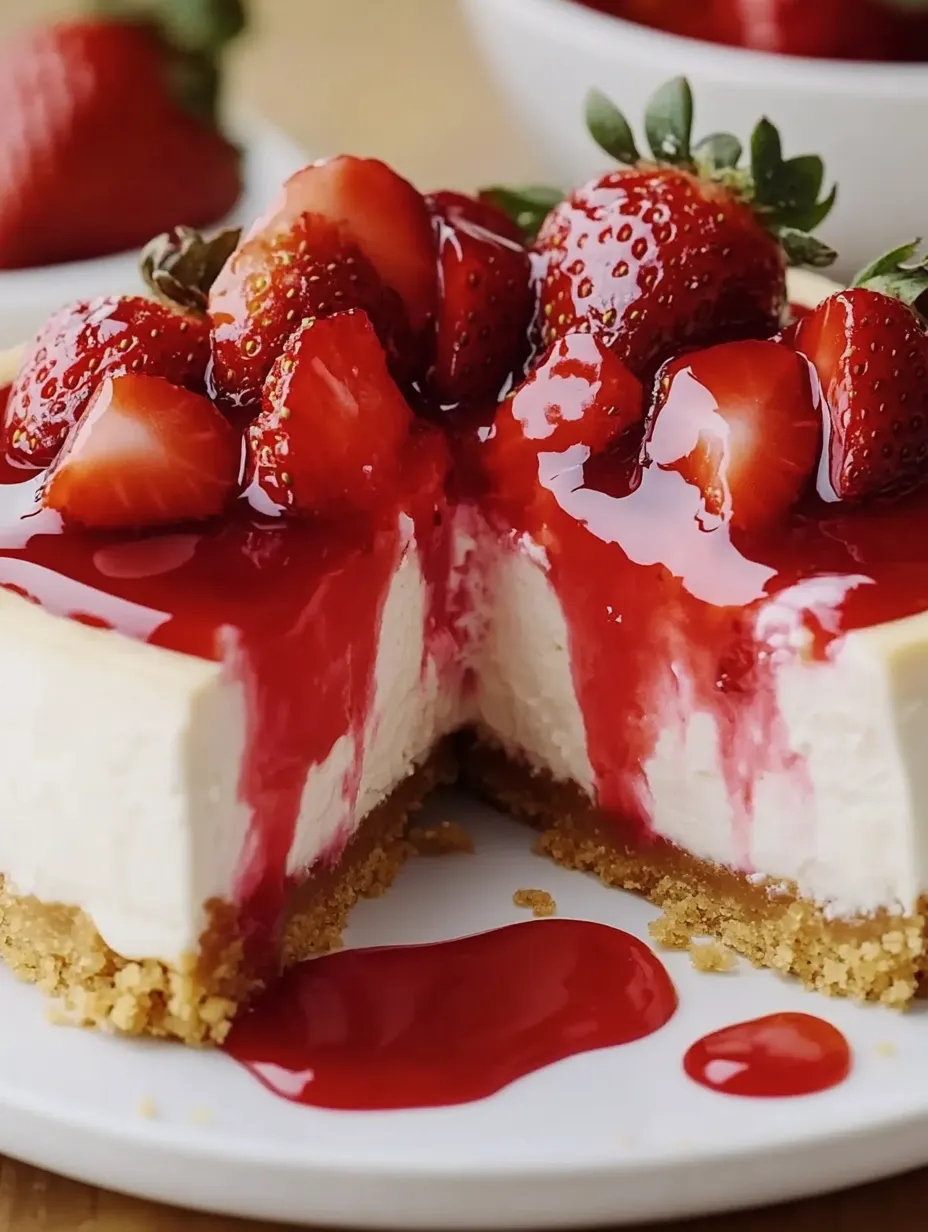 Une part de cheesecake avec des fraises sur le dessus.