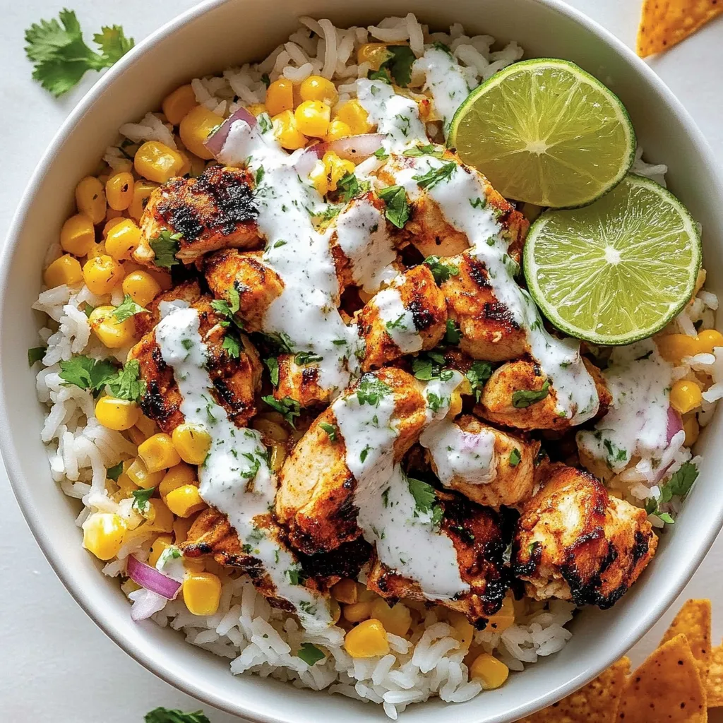 Un bol de riz et poulet avec des quartiers de citron vert par-dessus.