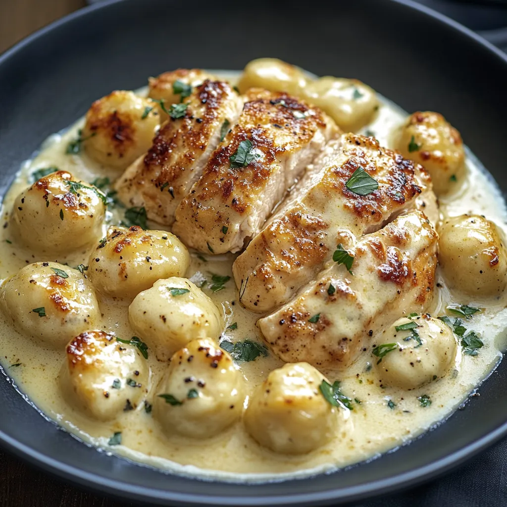 Une assiette avec du poulet et des pommes de terre.