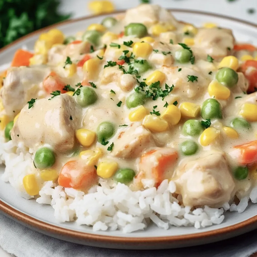 Une assiette de riz avec poulet et légumes.