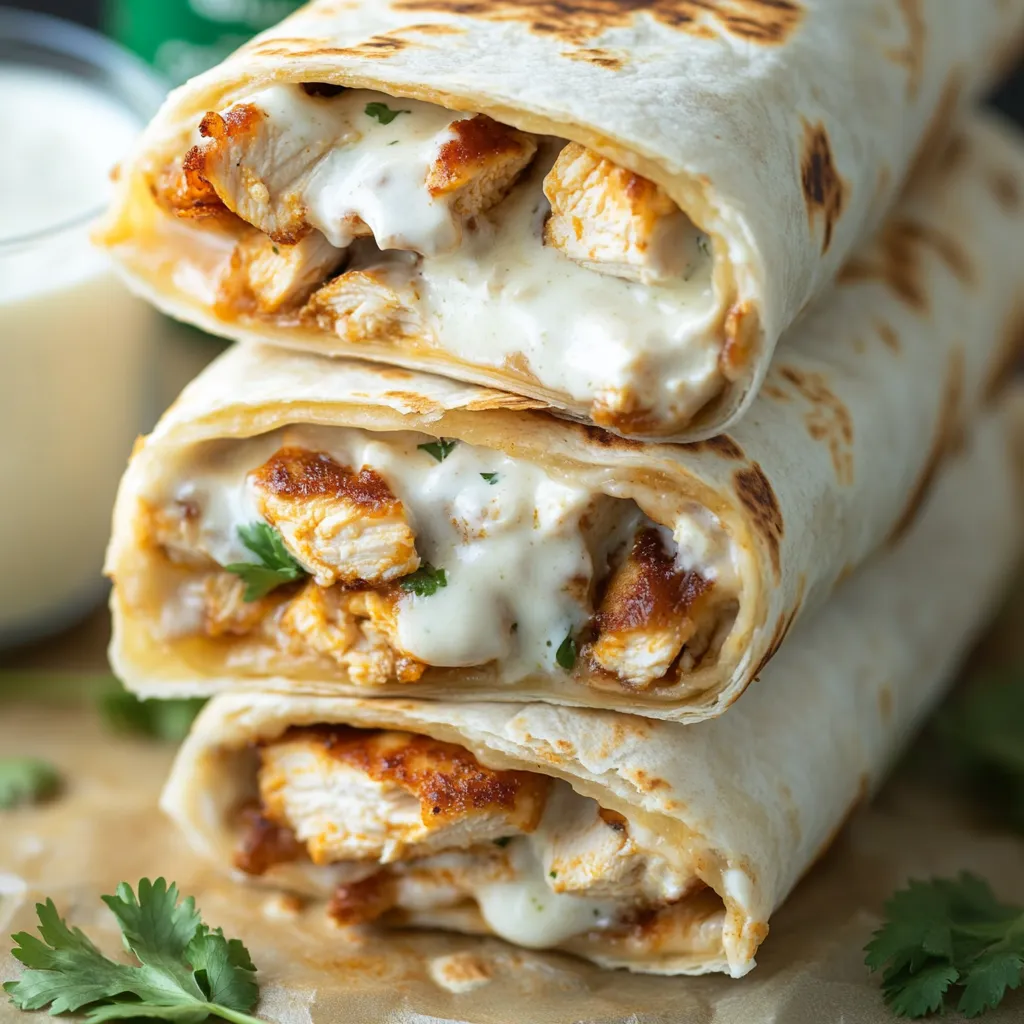 Un tas de wraps au poulet avec du fromage.