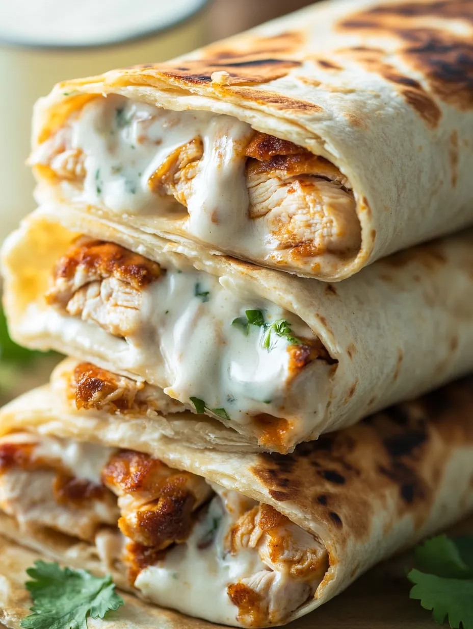Une pile de wraps au poulet avec sauce blanche.
