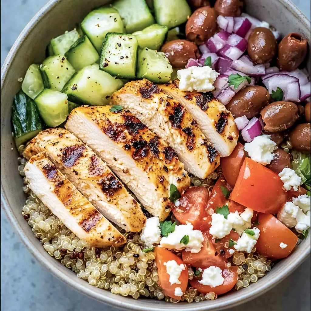 Un bol de nourriture avec poulet, tomates, concombres, olives et fromage feta.
