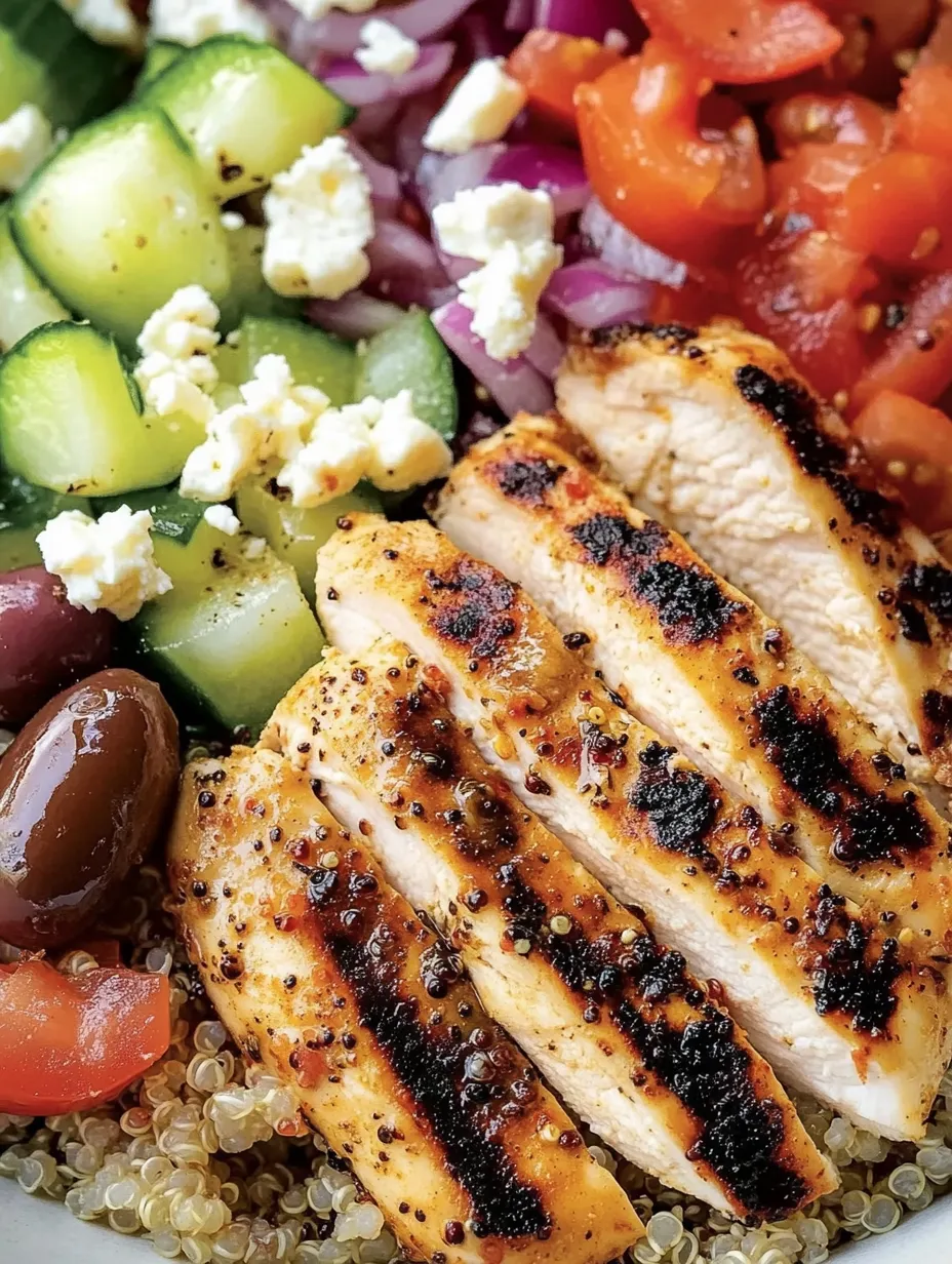 Une assiette de nourriture avec du poulet, des tomates, des concombres et du fromage feta.
