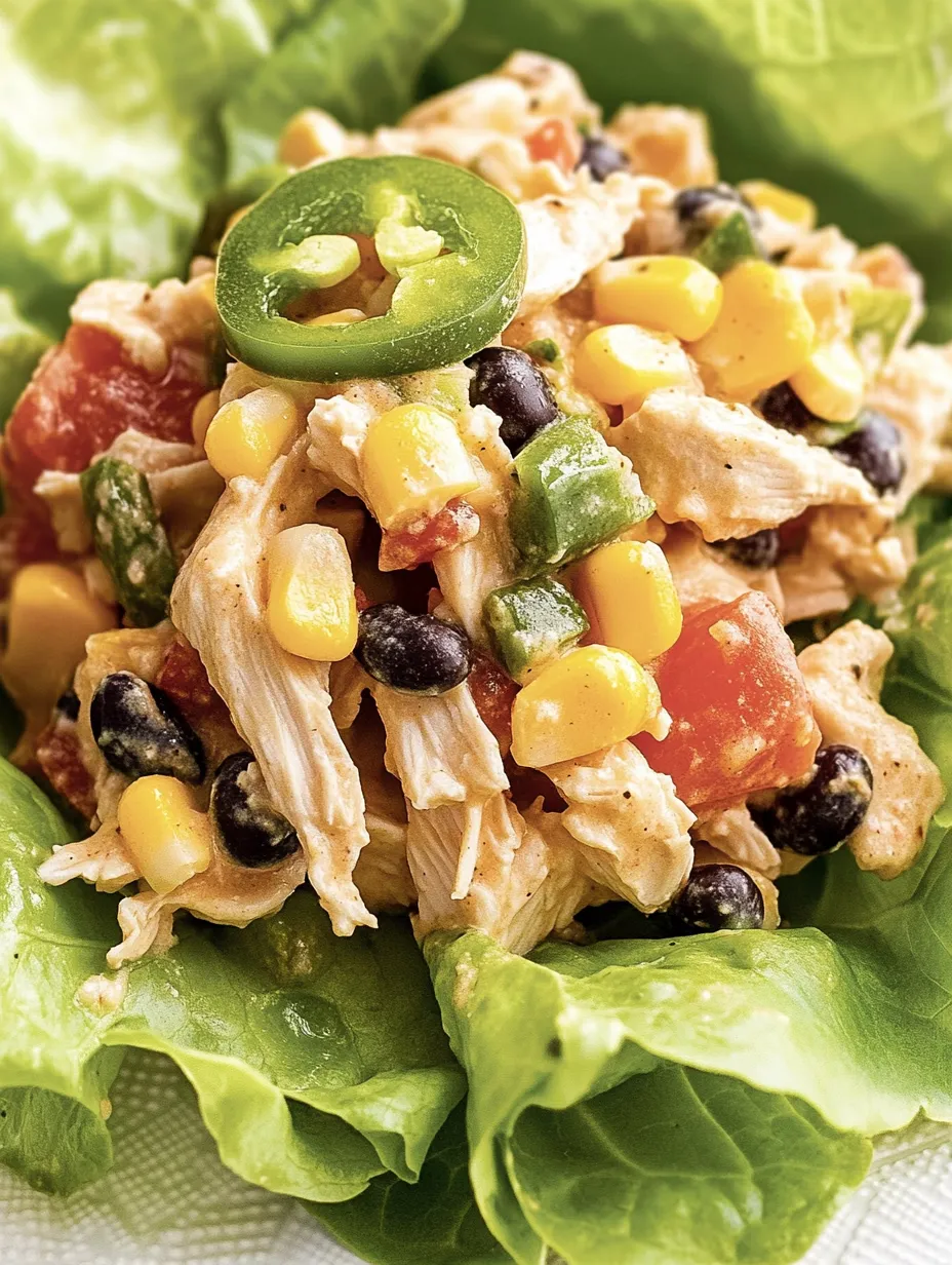 Une salade avec poulet, maïs, haricots noirs et jalapeños.