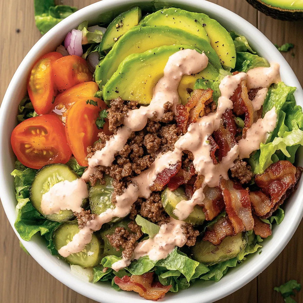 Un bol de salade avec bacon et avocat.