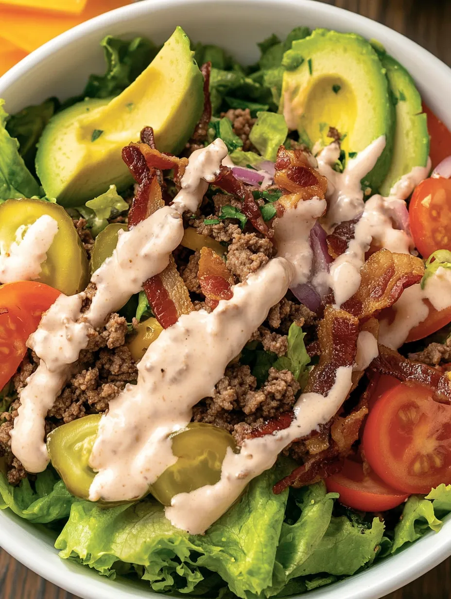Une salade avec du bacon, des tomates, de la laitue et de l'avocat.