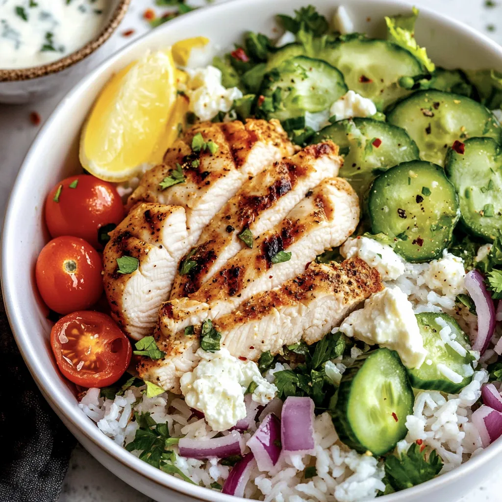 Un bol de riz avec poulet, concombres, tomates et fromage.