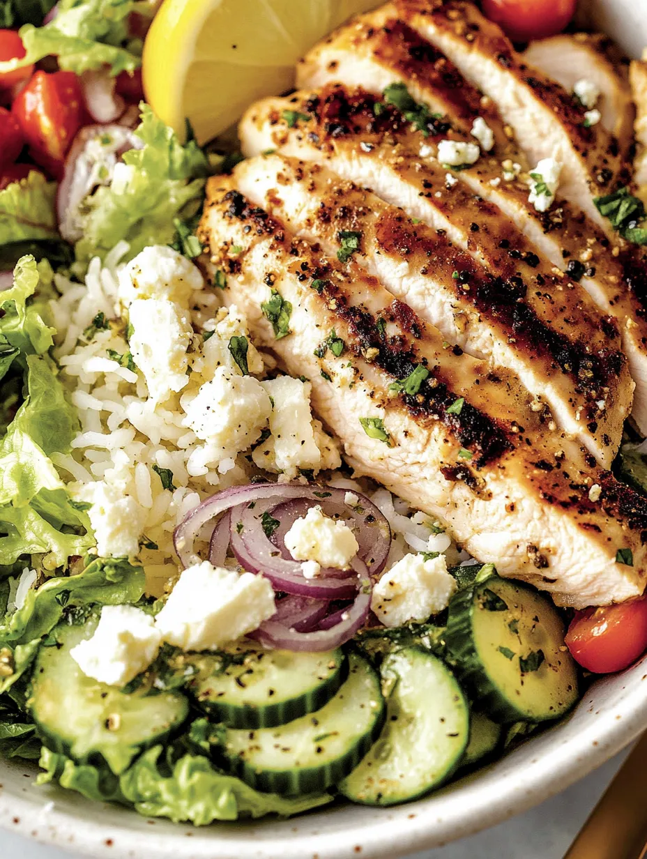 Une assiette avec du poulet, des oignons, des tomates, de la laitue et du fromage feta.