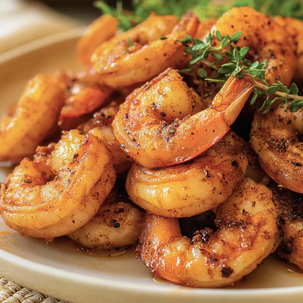 Une assiette de crevettes garnies d'herbes.