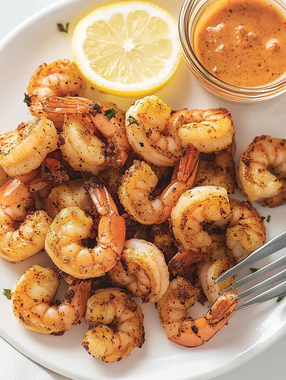 Une assiette de crevettes avec un quartier de citron et une sauce trempette.