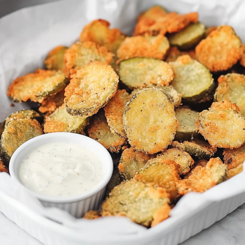 Un bol de cornichons frits avec une sauce pour tremper.