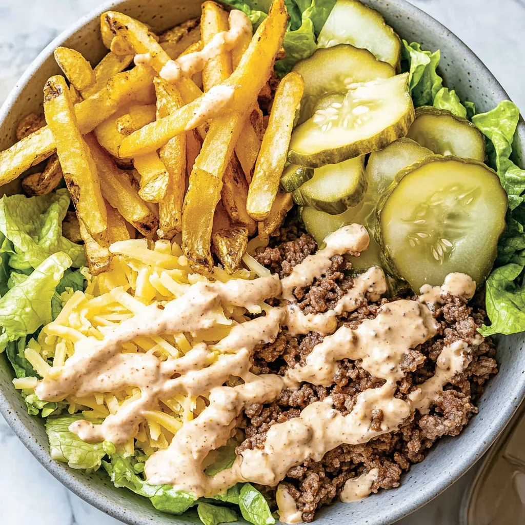 Un bol de nourriture avec des frites, de la laitue et des cornichons.